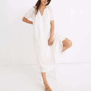 Madewell Bubble Sleeve Tiered Midi Dress in Textural Stripe Off White L